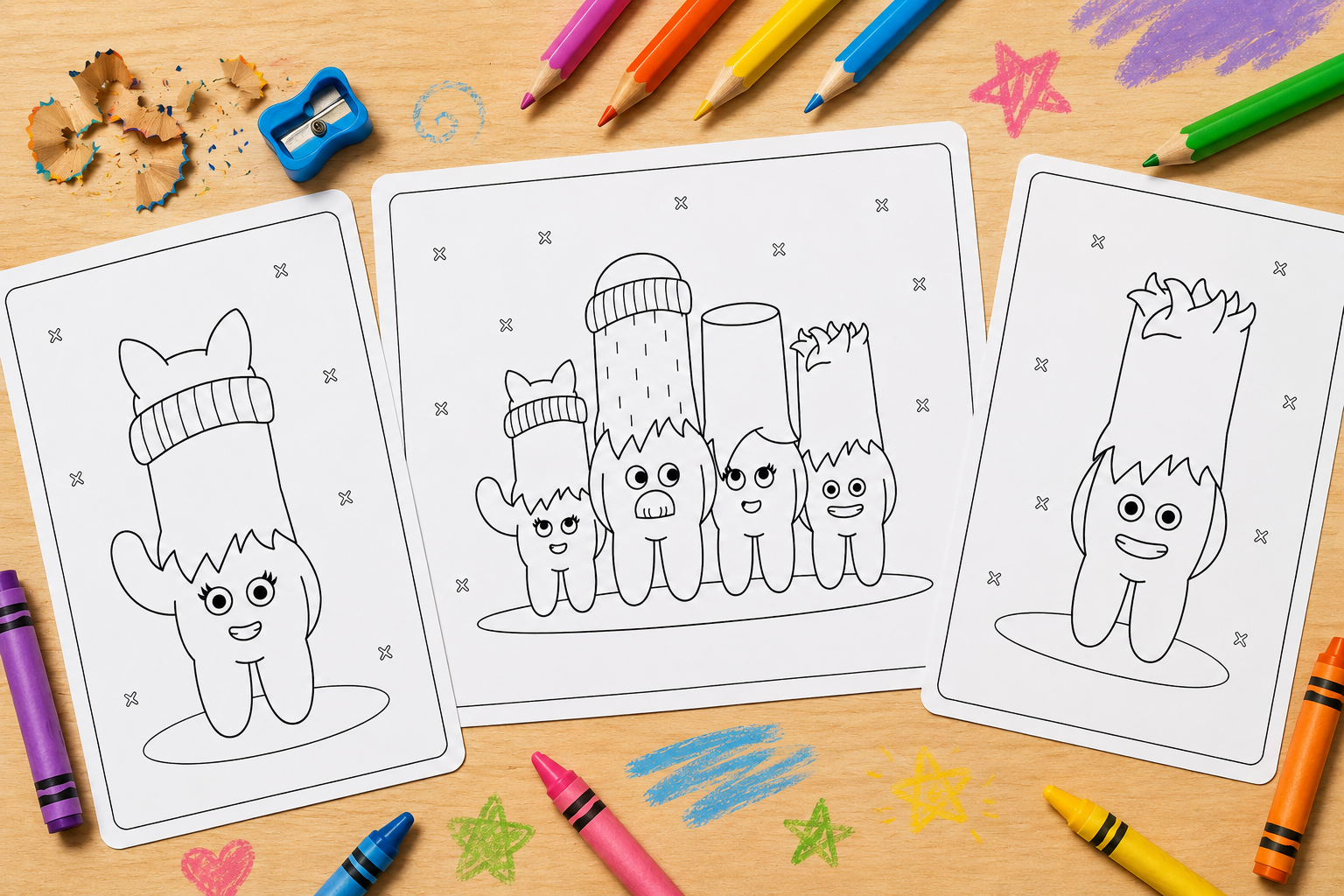 The Apehands colouring pages with crayons and pencils